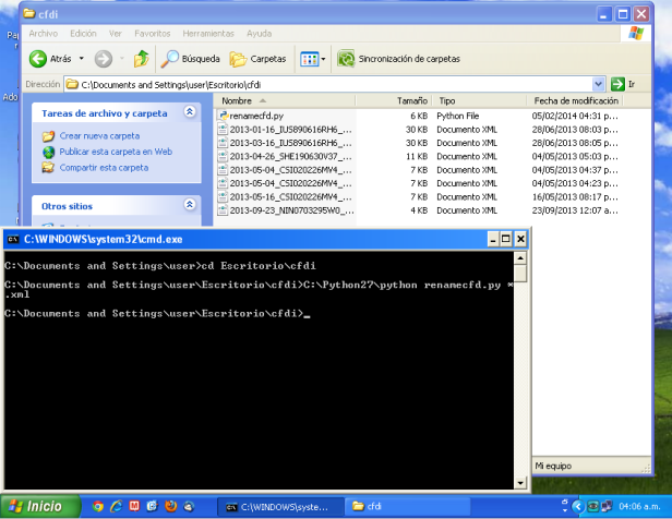 La imagen muestra la carpeta cfdi con los archivos xml ya renombrados y la ventana de comandos muestra como se ejecutó el programa.